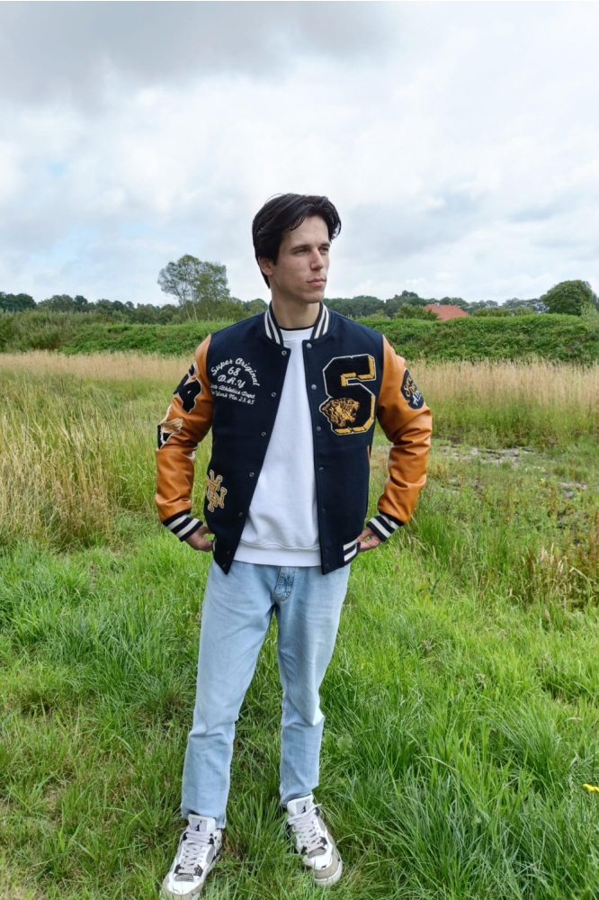VINTAGE PATCHED VARSITY JKT M5012183A ECLIPSE NAVY/MUSTARD